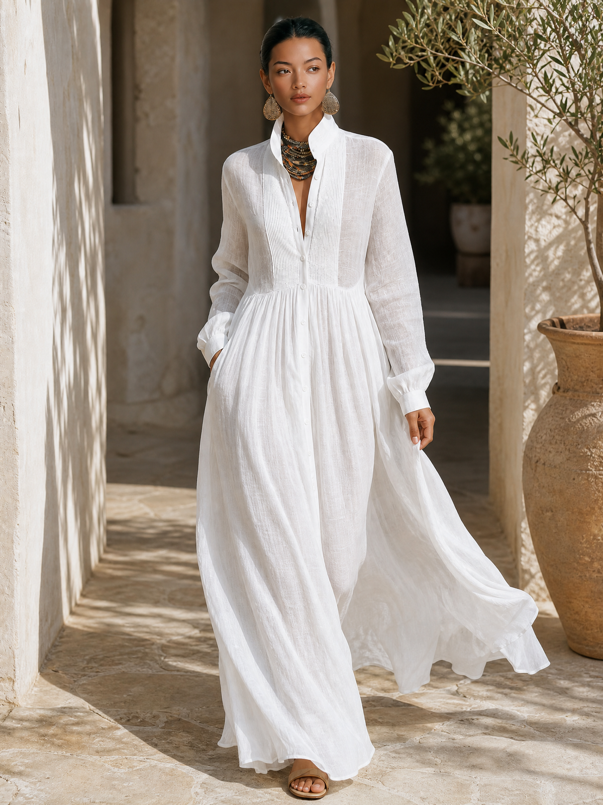Elsie | Cotton Linen Patchwork Long Sleeve Maxi Shirt Dress