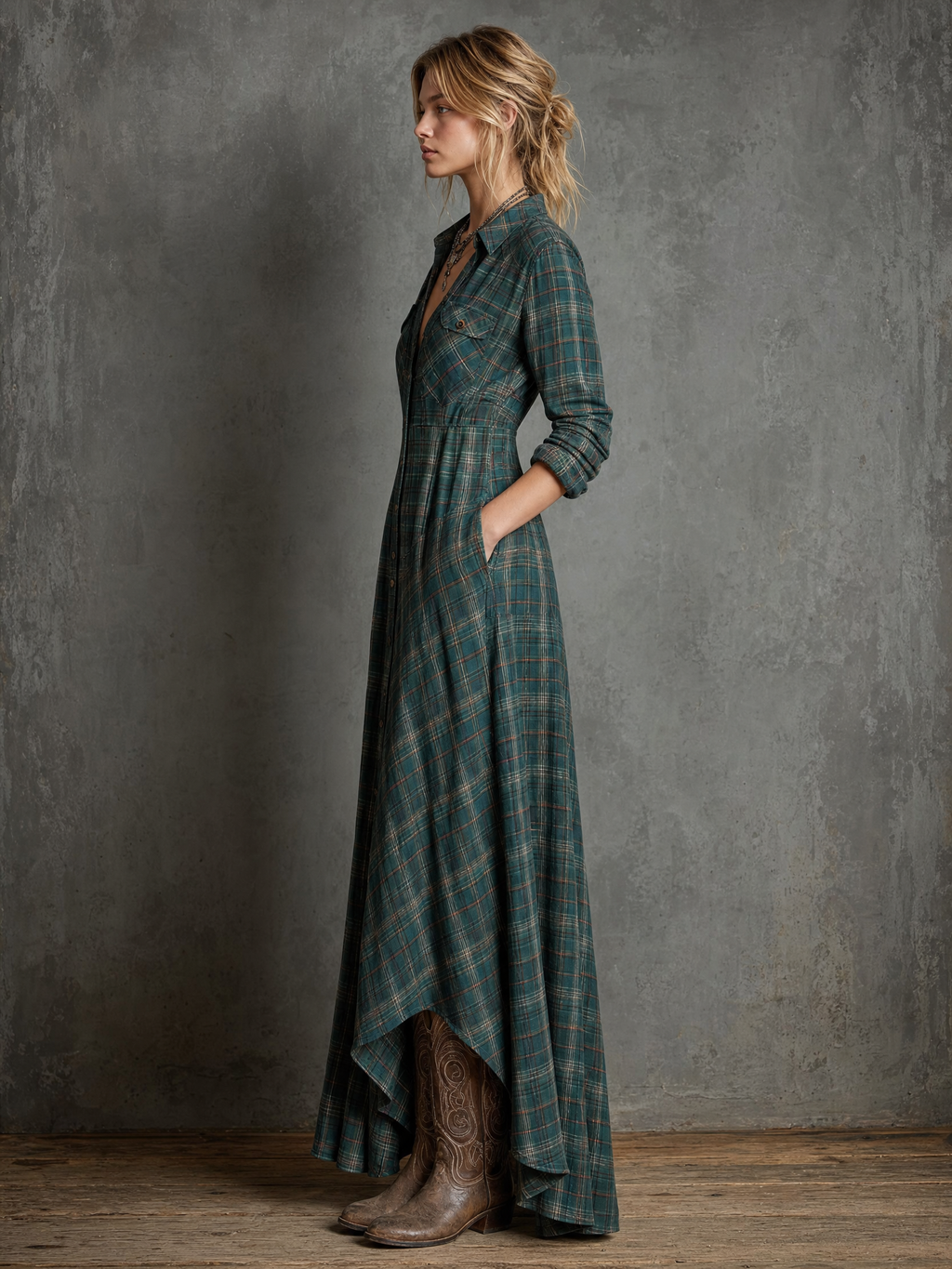 Beatrice | Plaid Lapel Button Front Maxi Shirt Dress