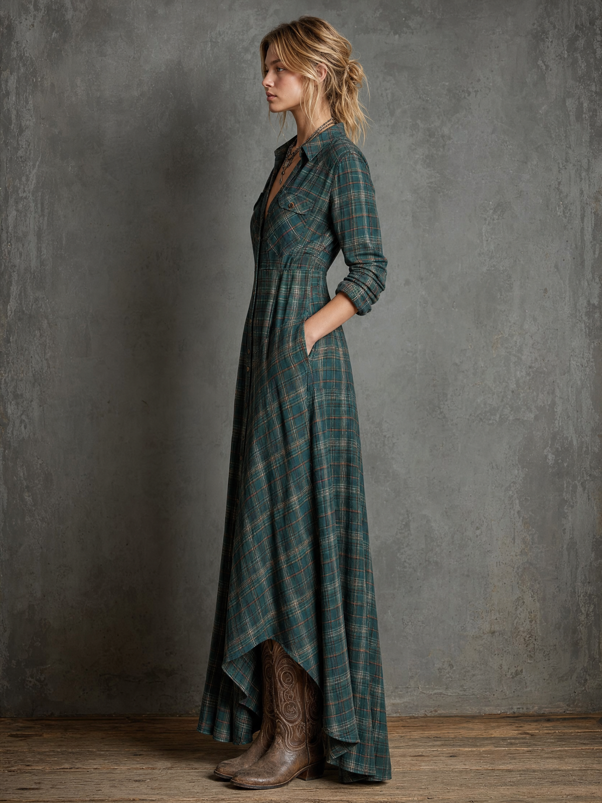 Beatrice | Plaid Lapel Button Front Maxi Shirt Dress