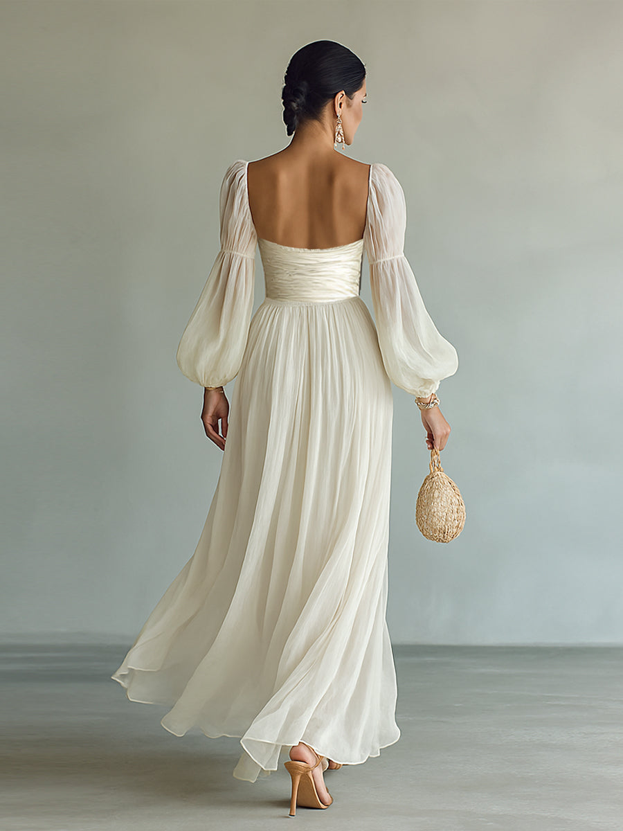 Verity sweetheart corset chiffon maxi dress with puff sleeves — styled view