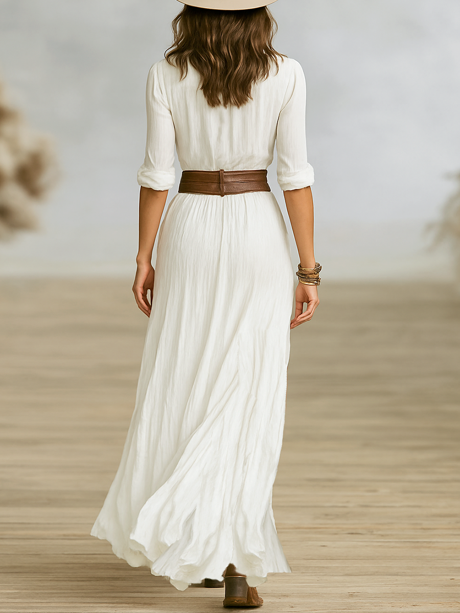 Martha | Linen Look Pleated Long Sleeve Maxi Shirt Dress