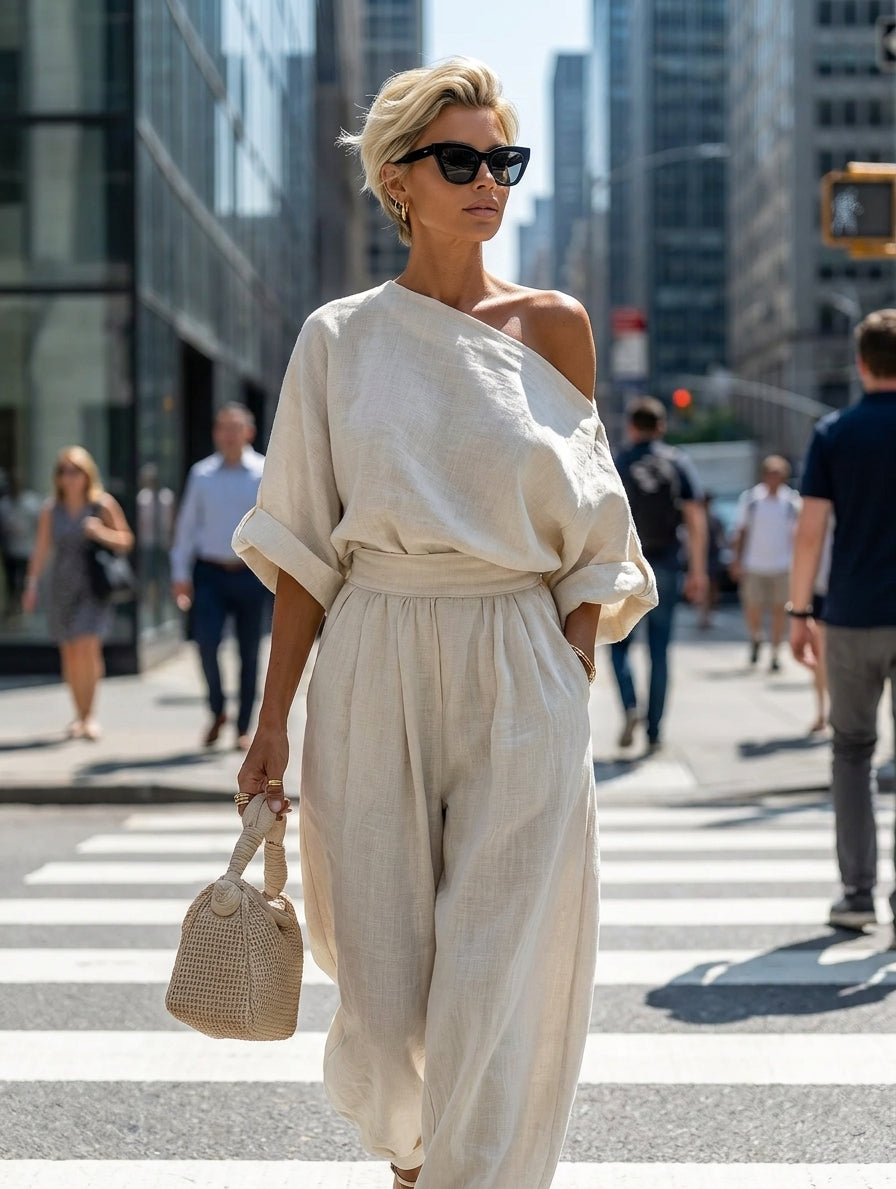 Eliza | Linen Off Shoulder Top and Tapered Pants Set