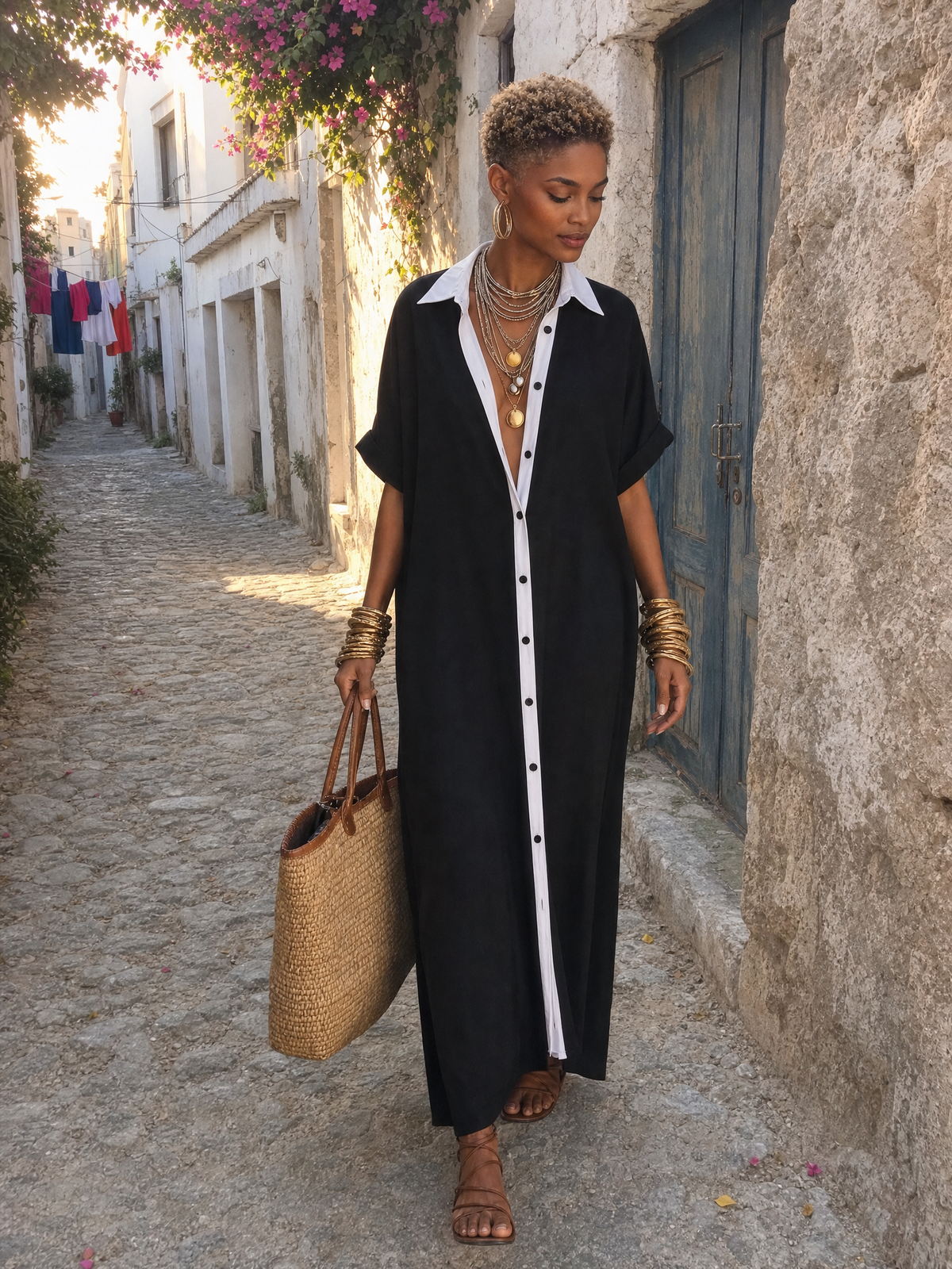 Poppy | Linen Blend Short Sleeve Resort Maxi Shirt Dress