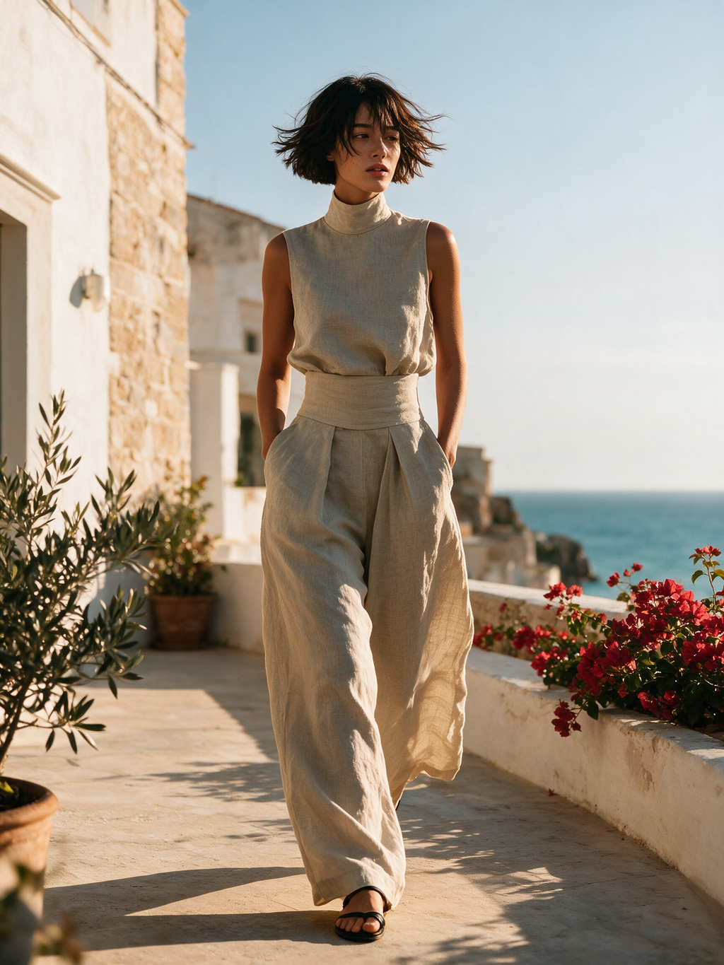 Clara | Cotton Linen Sleeveless Top and Wide Leg Pants Set
