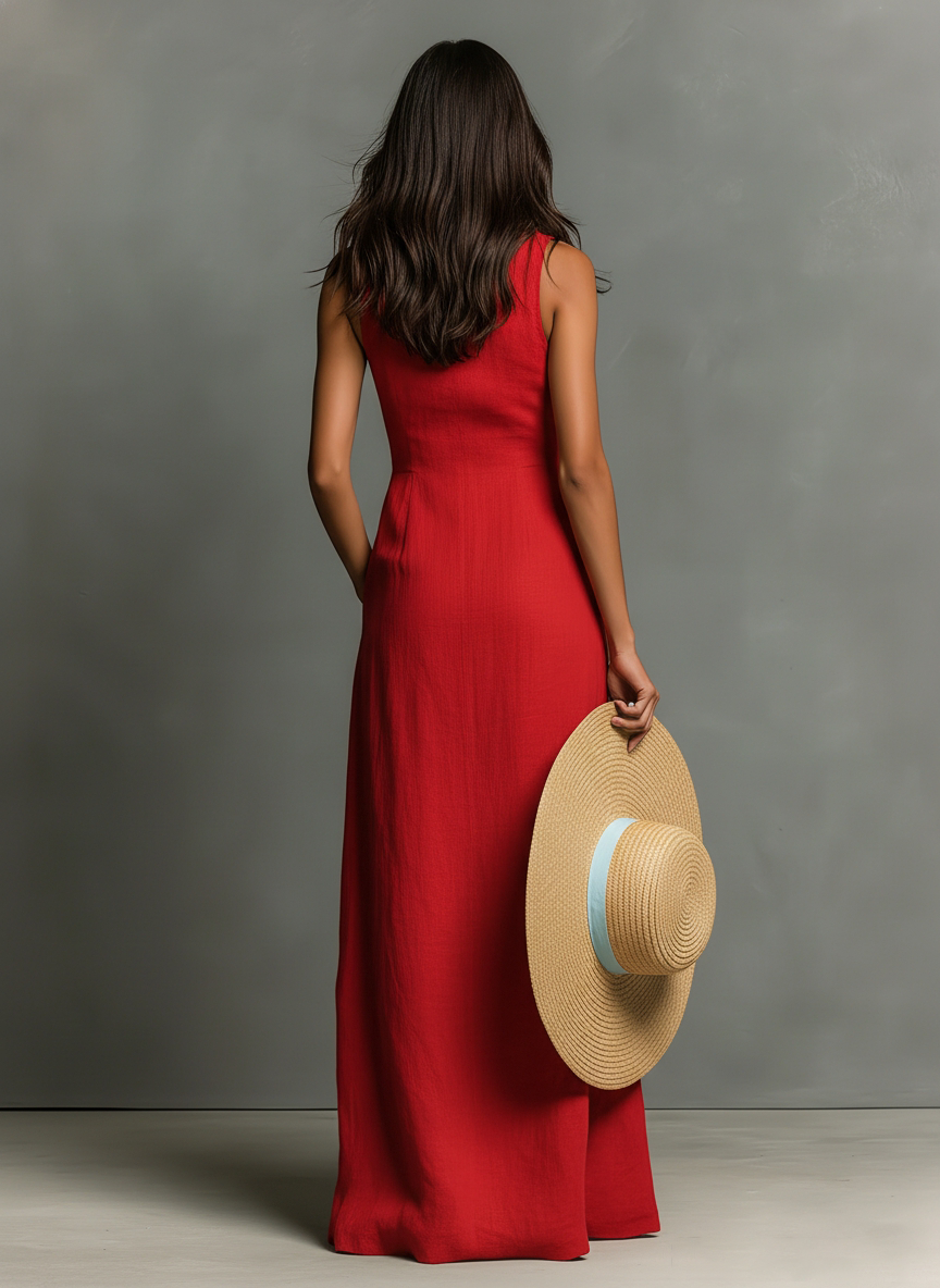 Nina | Linen Blend Sleeveless Collared Maxi Shirt Dress