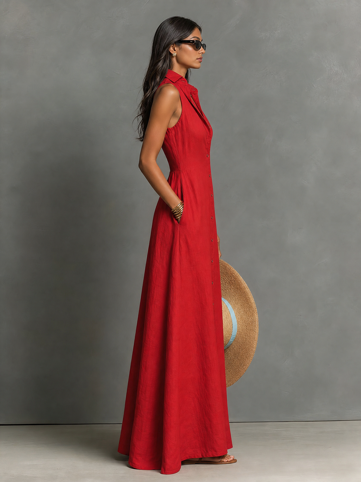 Nina | Linen Blend Sleeveless Collared Maxi Shirt Dress