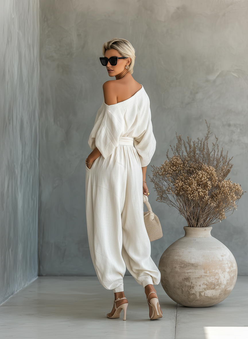 Eliza | Linen Off Shoulder Top and Tapered Pants Set