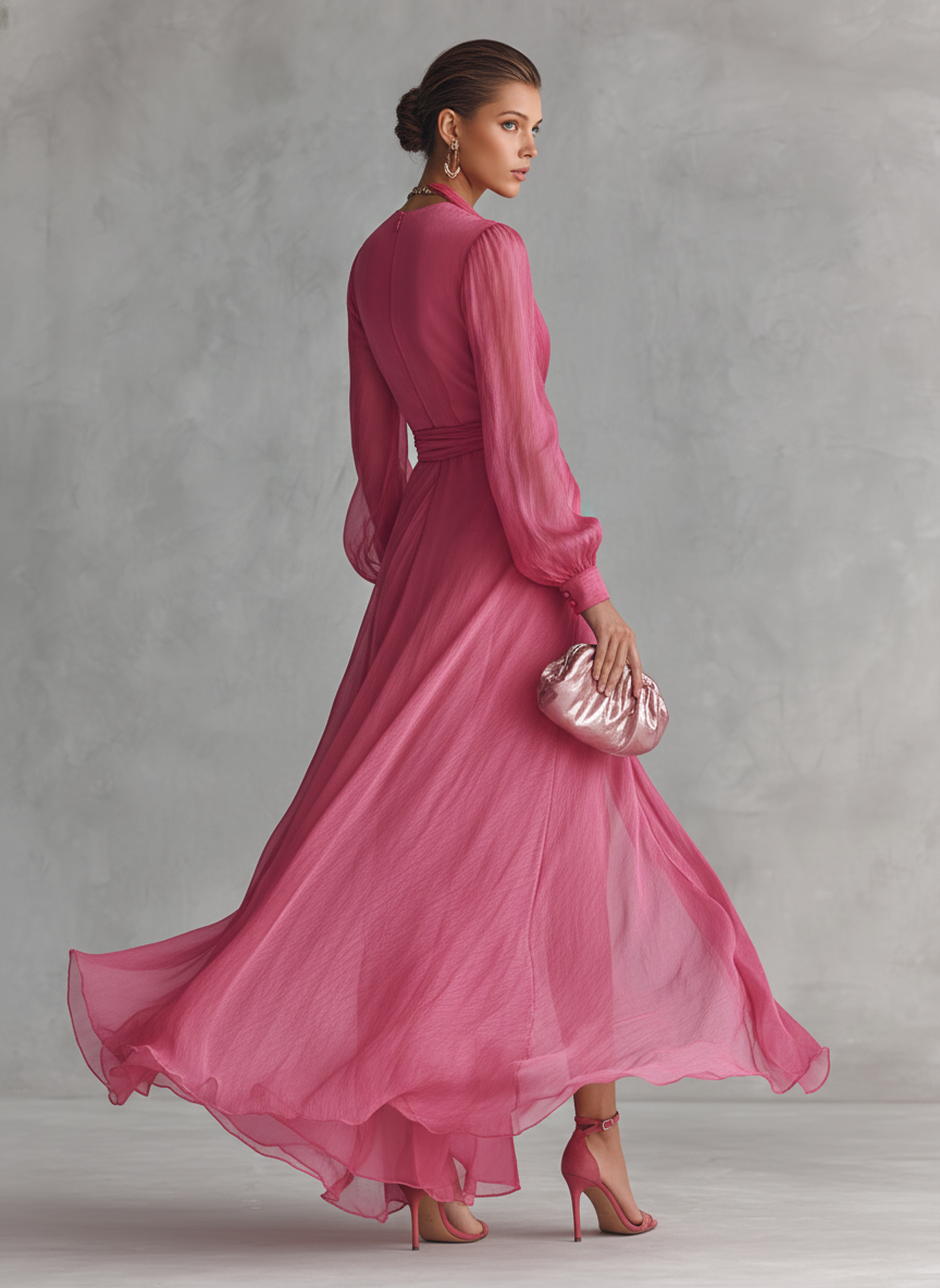 Colette plunge chiffon wrap maxi dress with tie waist — styled view