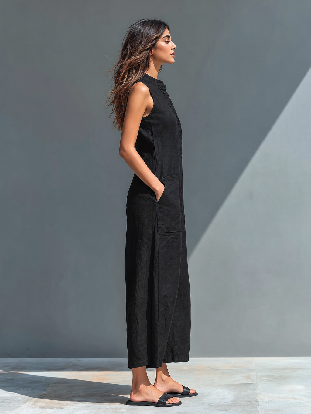 Georgia | Linen Blend Button Front Sleeveless Holiday Jumpsuit