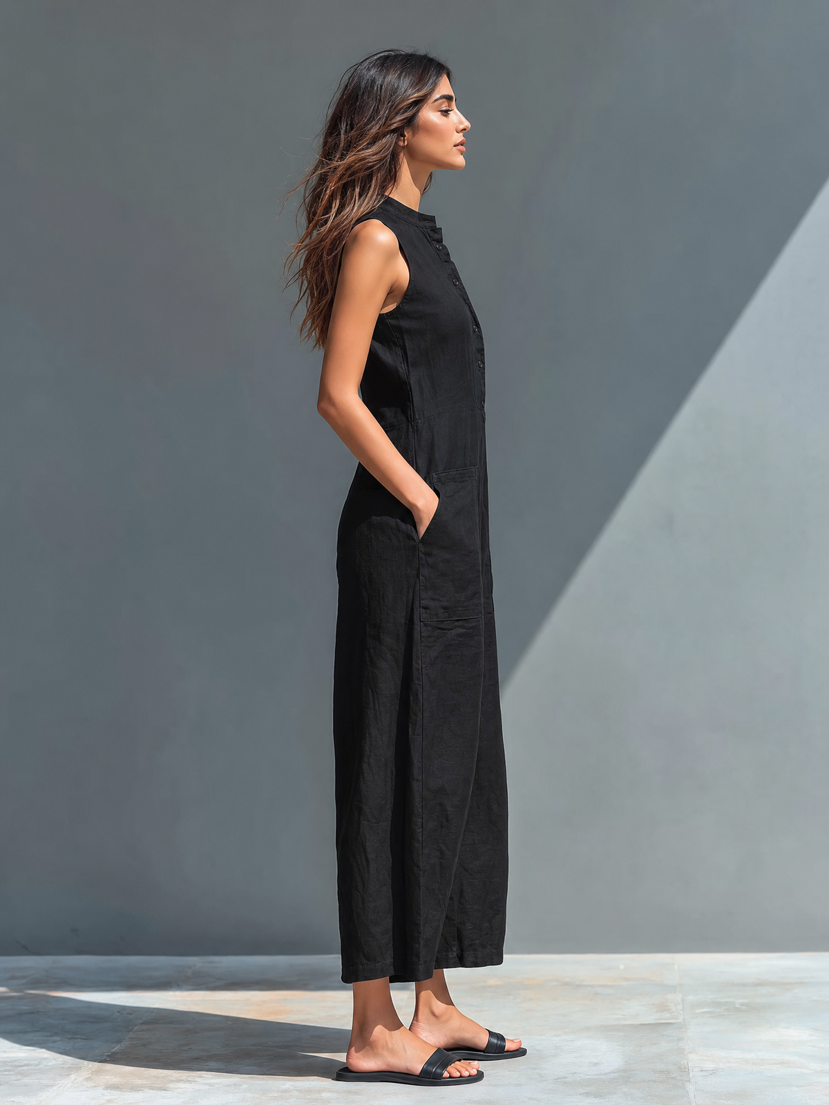 Georgia | Linen Blend Button Front Sleeveless Holiday Jumpsuit