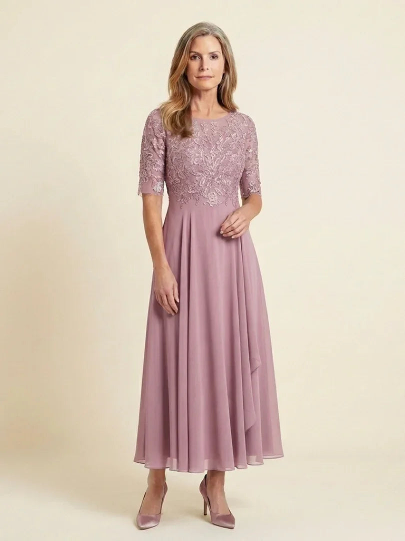 Vivian corded lace bodice three-quarter sleeve maxi dress — styled view