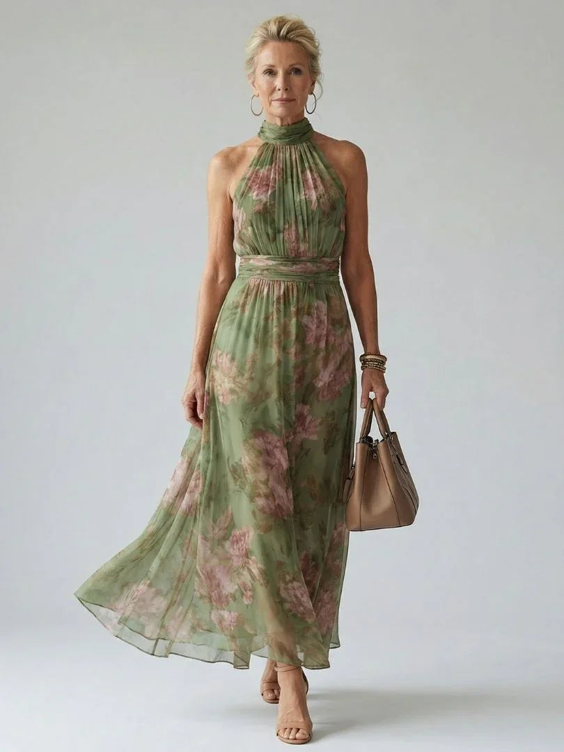 Mirelle floral halterneck gathered maxi dress — front view