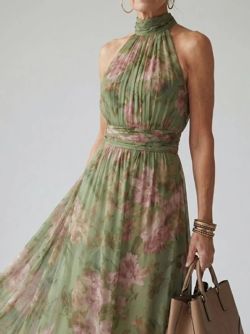 Mirelle floral halterneck gathered maxi dress — back view