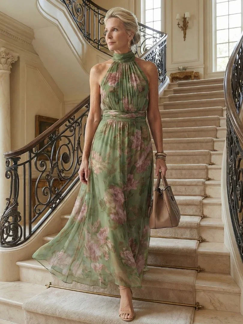 Mirelle floral halterneck gathered maxi dress — full-length view