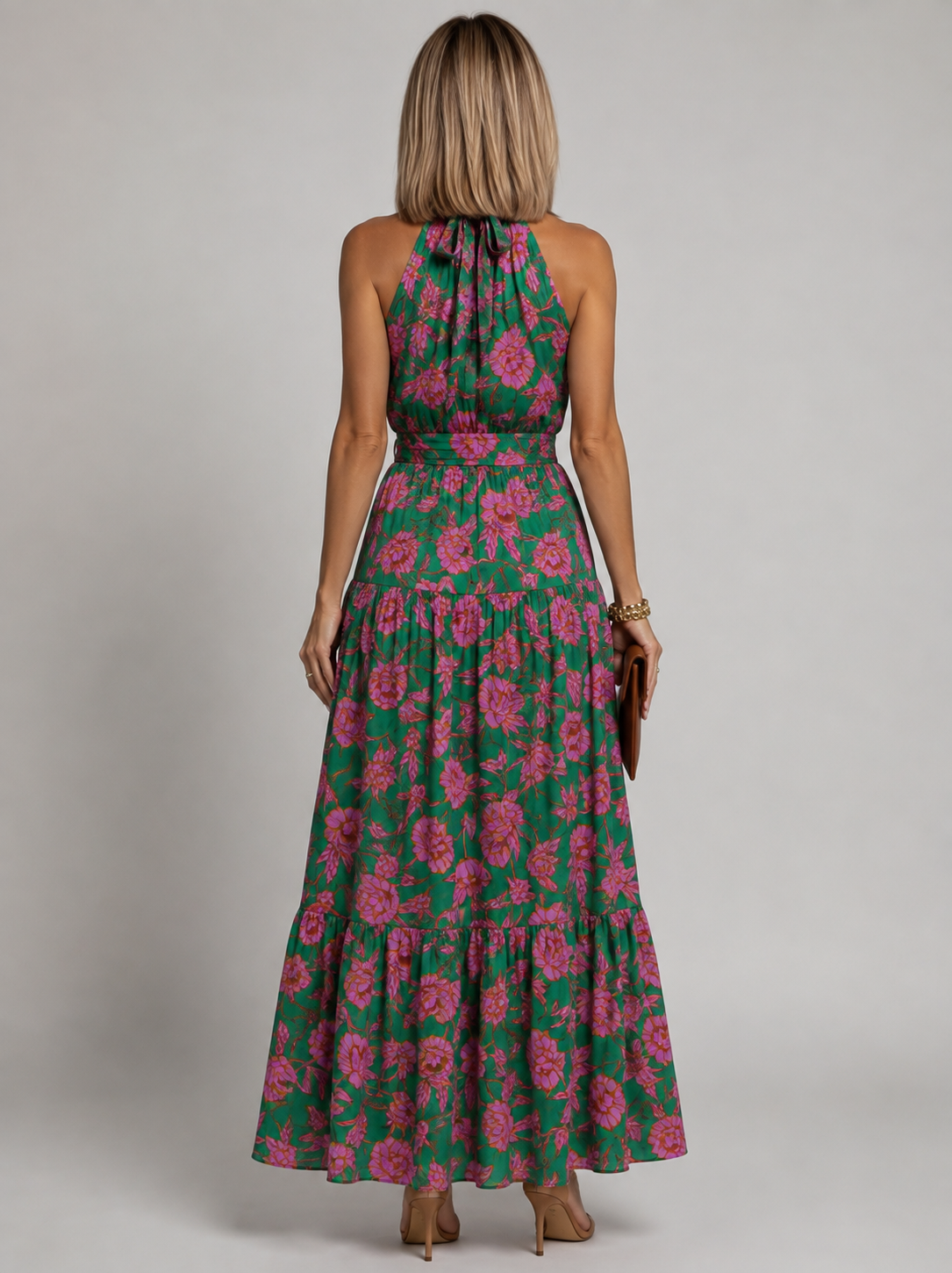 Rowen rose print halterneck tiered maxi dress — detail view