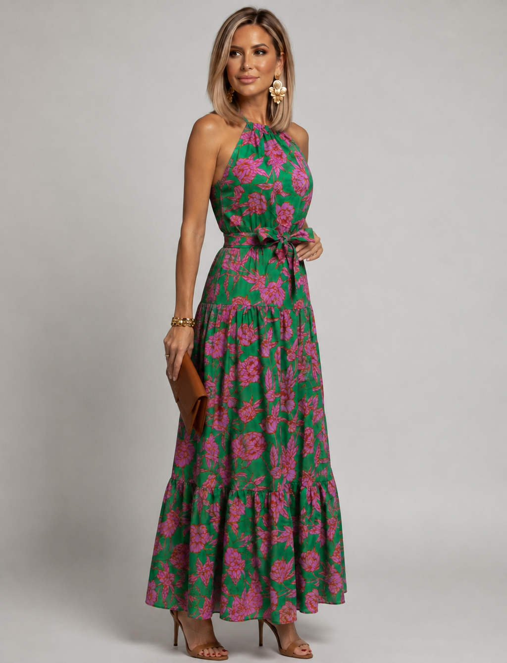 Rowen rose print halterneck tiered maxi dress — back view