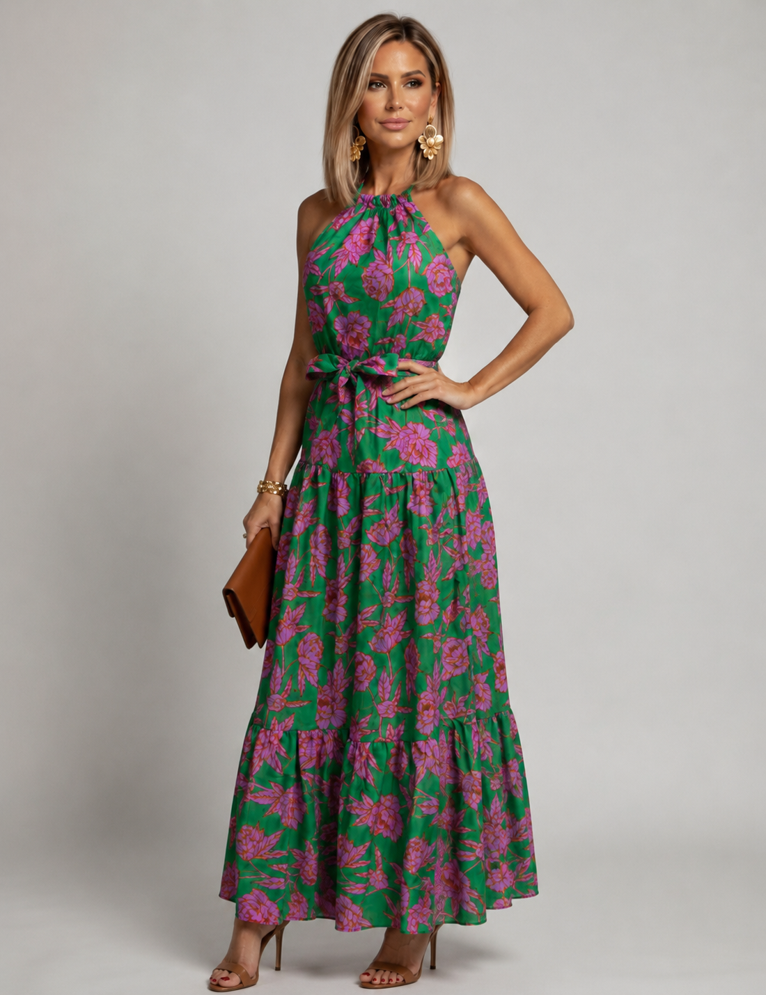 Rowen rose print halterneck tiered maxi dress — side view