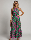 Rowen rose print halterneck tiered maxi dress — front view
