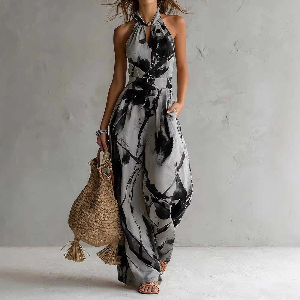 Elodie watercolour print halterneck wide-leg jumpsuit — detail view