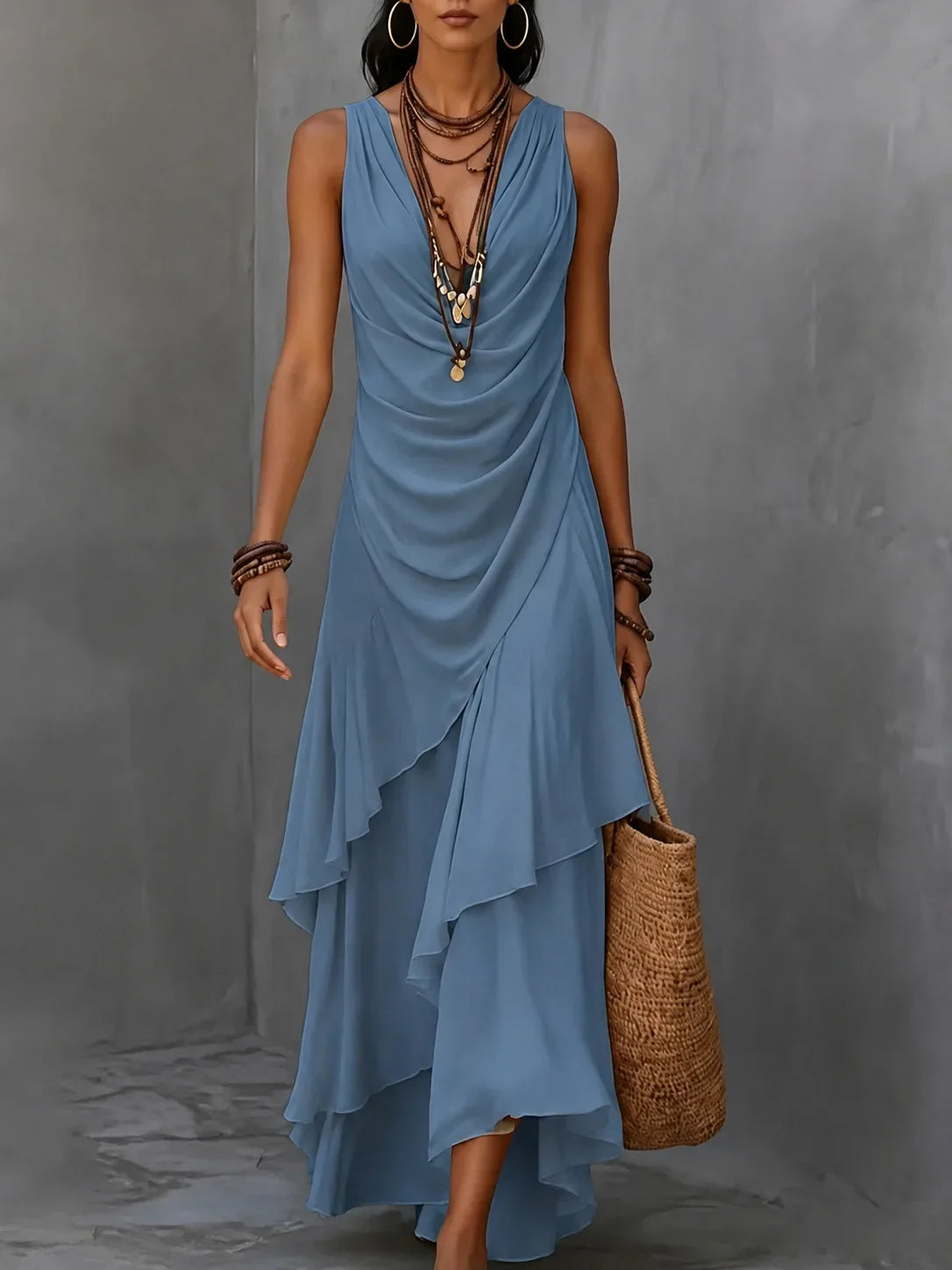 Lilianna cowl-neck ruched ruffle-hem maxi dress — full-length view