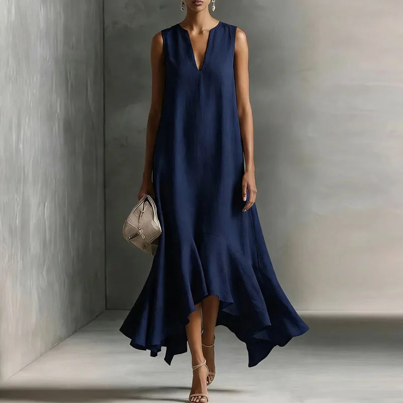 Andrea notch-neck sleeveless high-low sundress — detail view