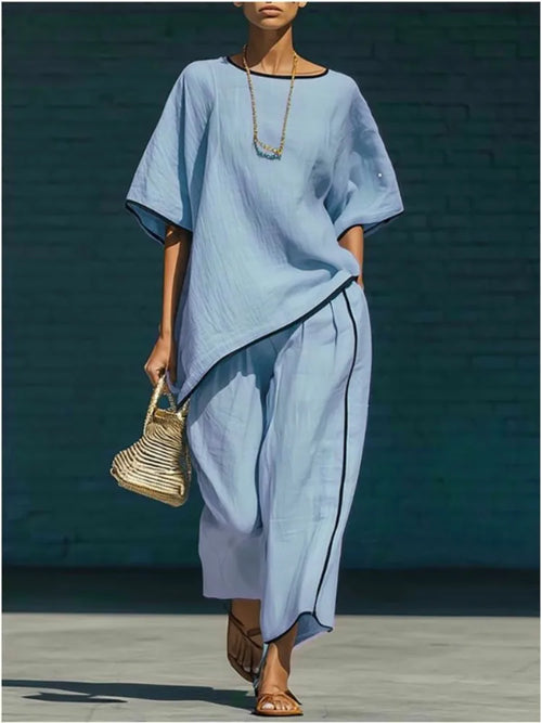 Anila boxy top and draped cropped trouser two-piece set — front view