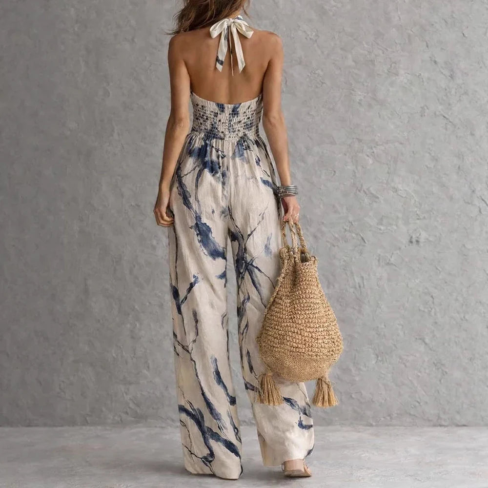 Elodie watercolour print halterneck wide-leg jumpsuit — side view