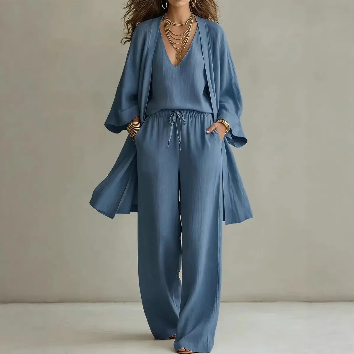 Bailey blouson top and wide-leg trouser three-piece set — side view