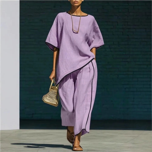 Anila boxy top and draped cropped trouser two-piece set — back view