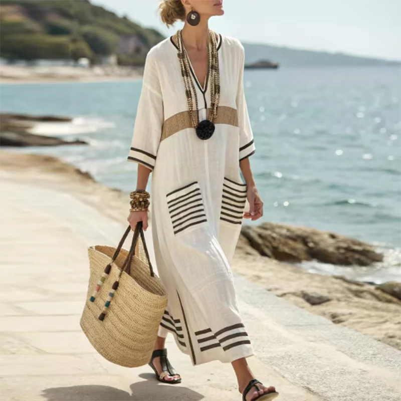 Santorini striped embroidered-placket kaftan maxi dress — detail view