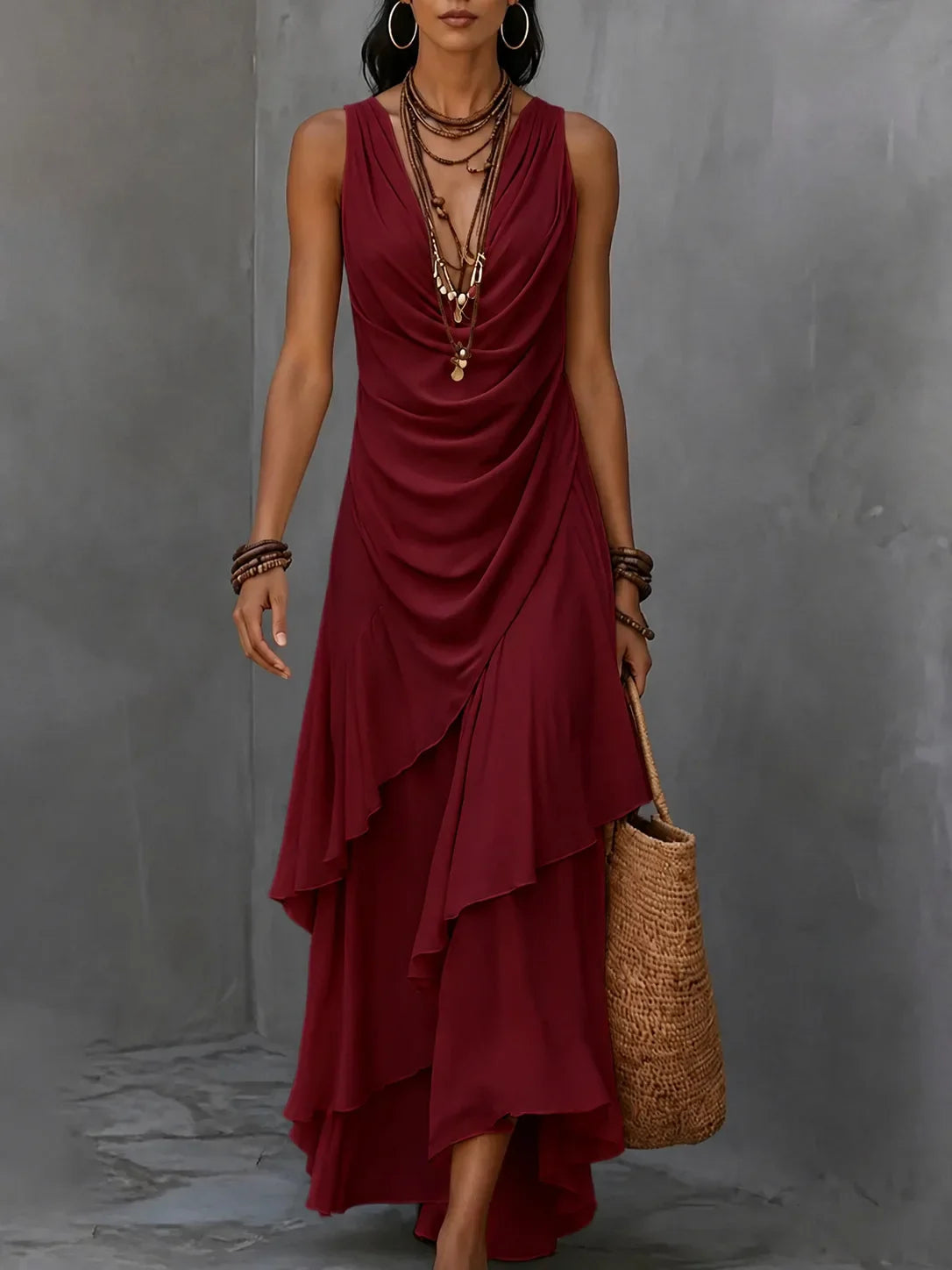 Lilianna cowl-neck ruched ruffle-hem maxi dress — detail view