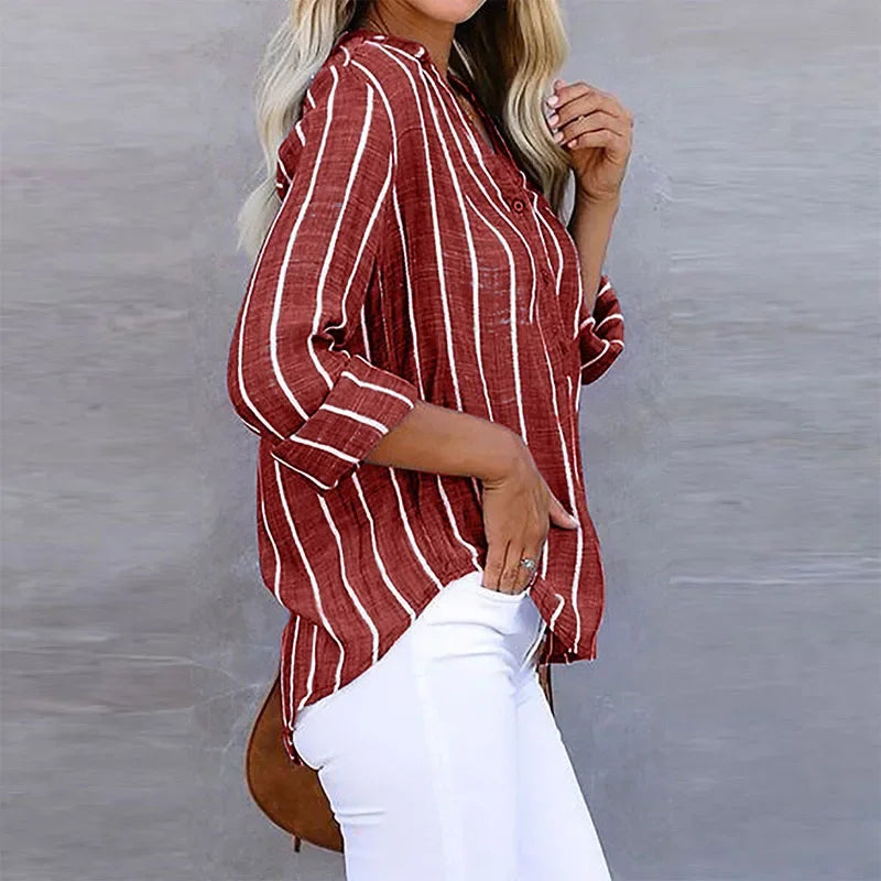 Lunelle striped roll-sleeve split-neck shirt — styled view