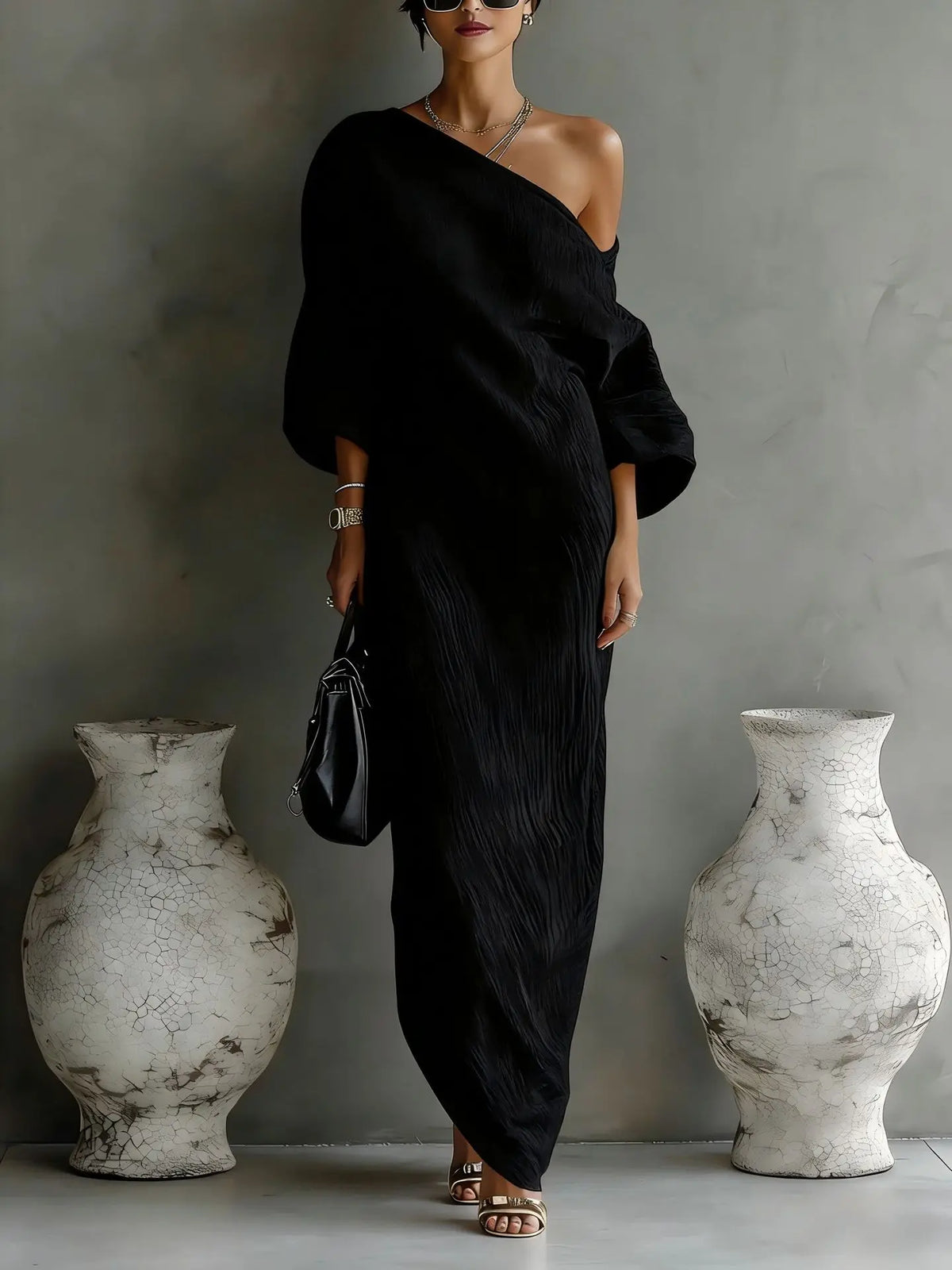 Daisy one-shoulder batwing-sleeve maxi dress — full-length view