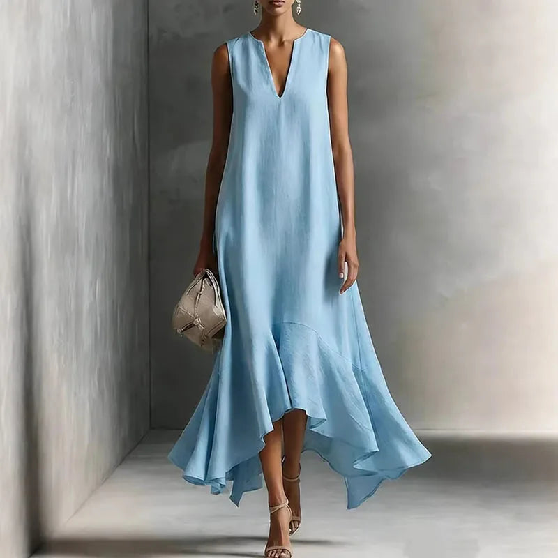 Andrea notch-neck sleeveless high-low sundress — back view