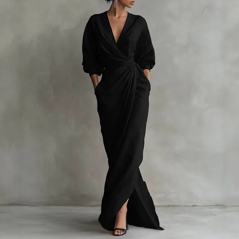 Elowen v-neck twist-waist wrap maxi dress — styled view