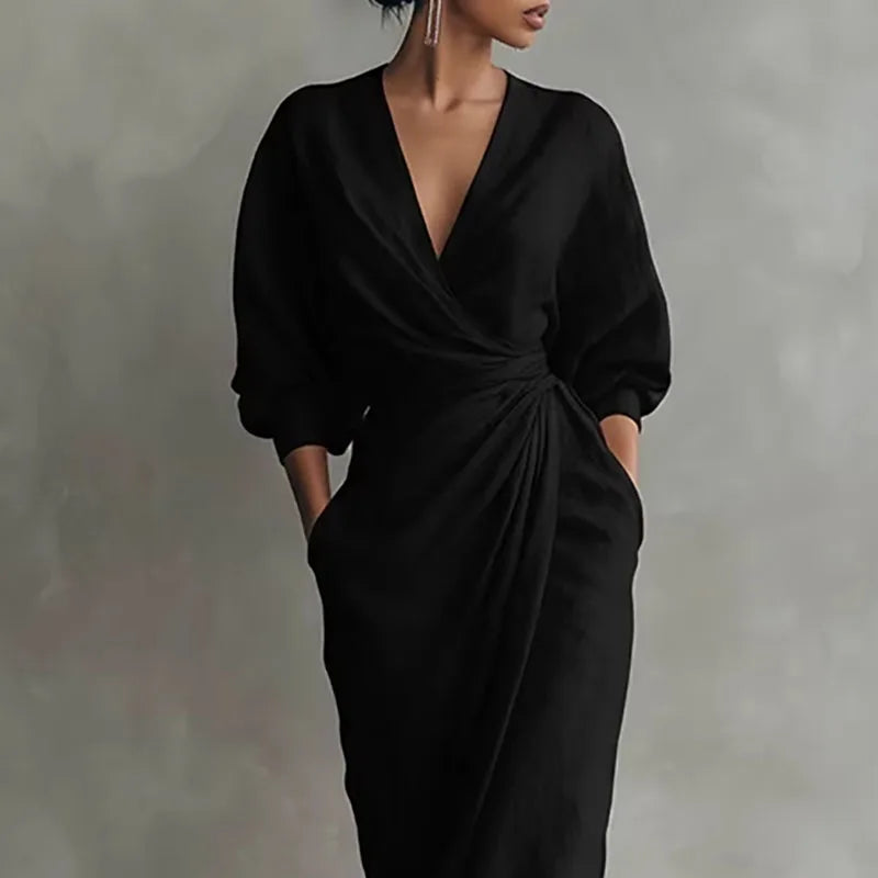 Elowen v-neck twist-waist wrap maxi dress — full-length view