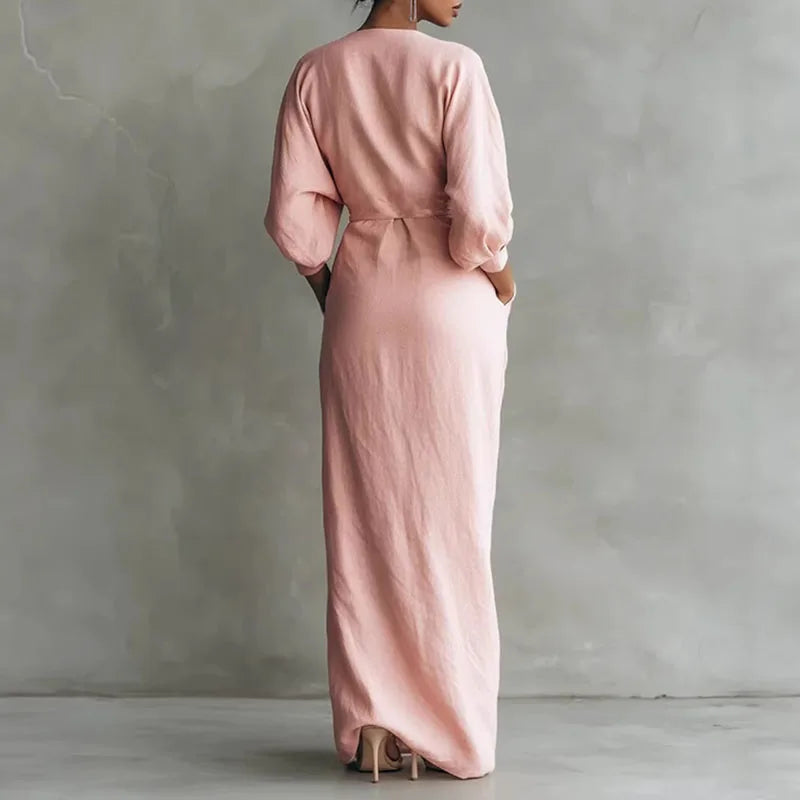 Elowen v-neck twist-waist wrap maxi dress — back view