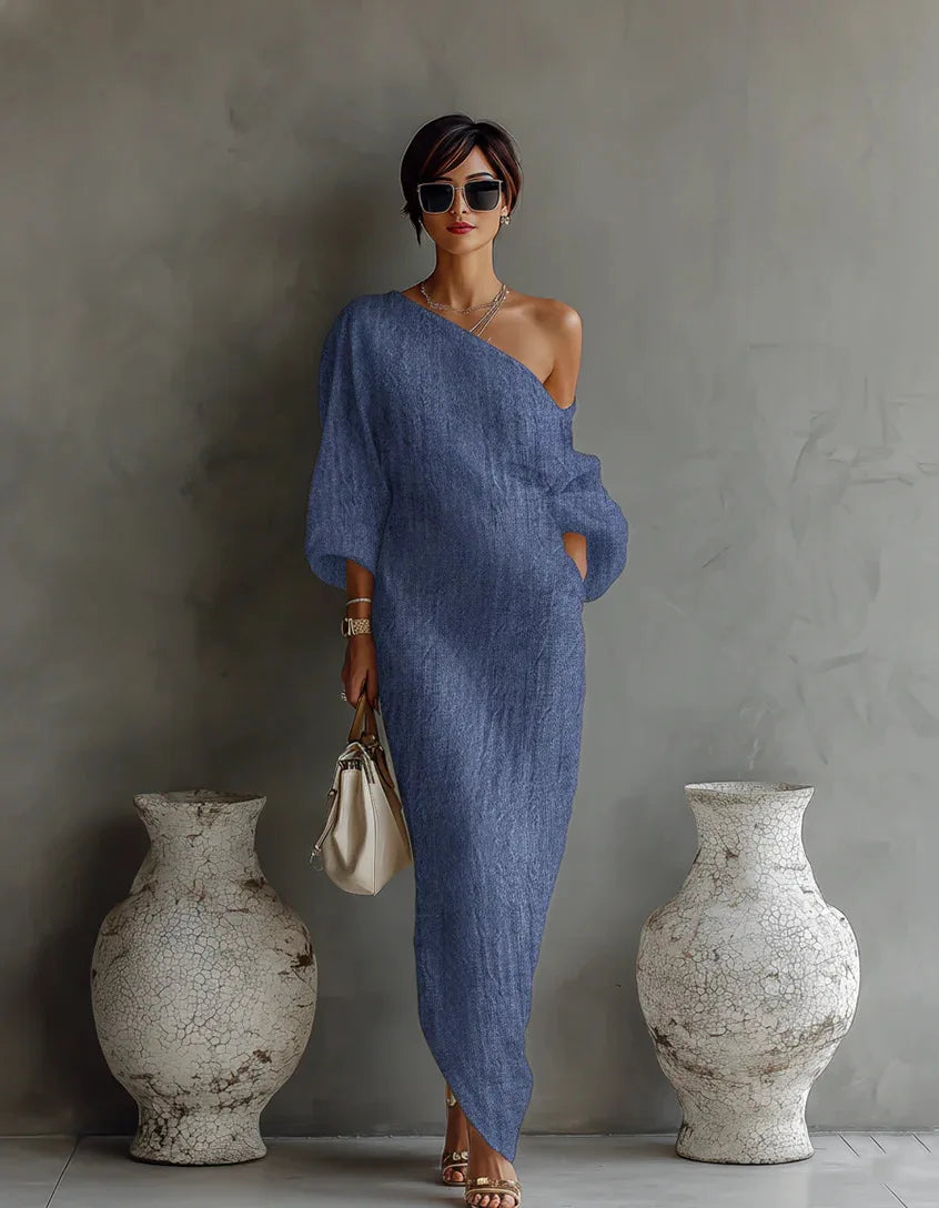 Daisy one-shoulder batwing-sleeve maxi dress — styled view