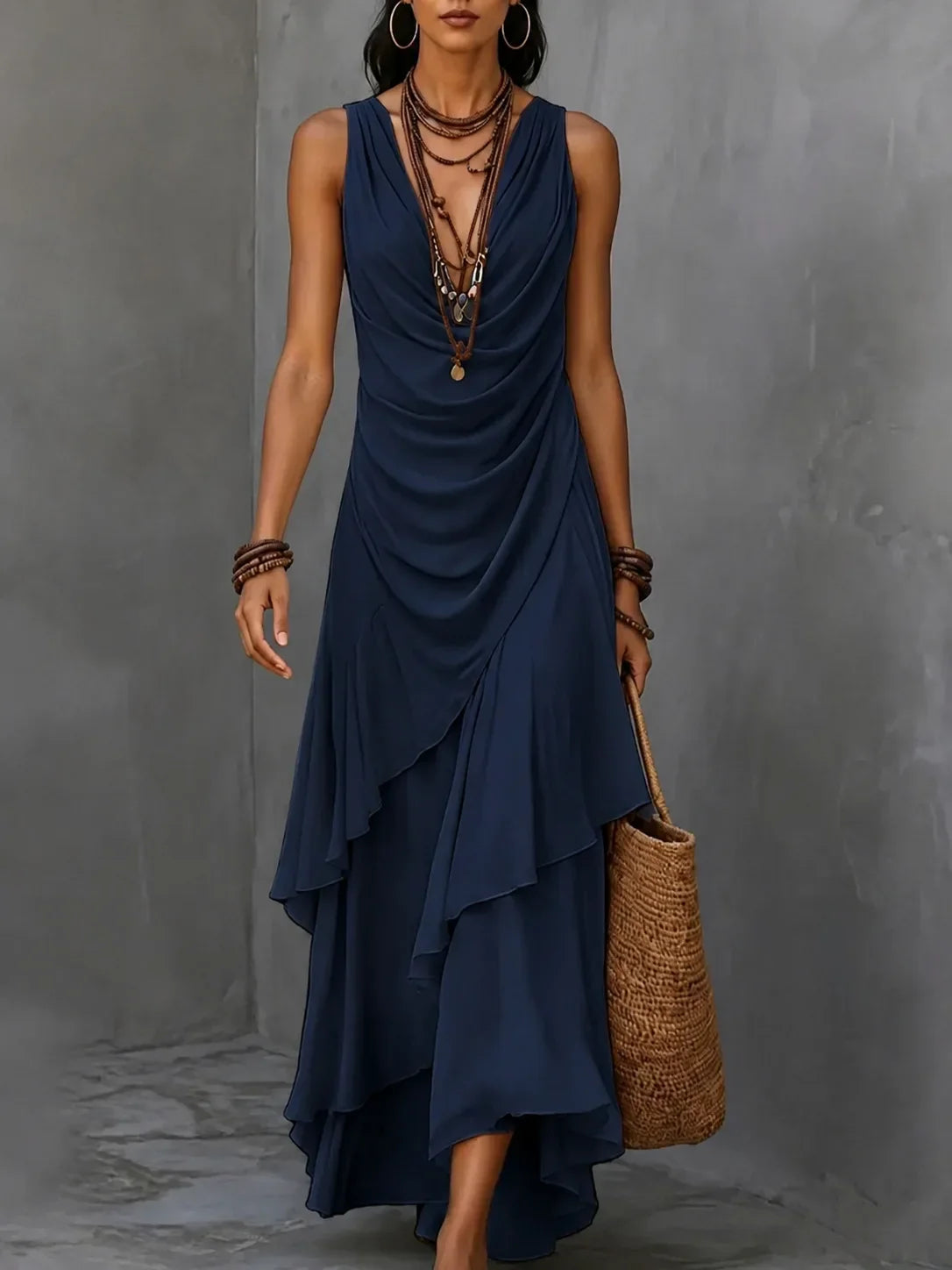 Lilianna cowl-neck ruched ruffle-hem maxi dress — back view