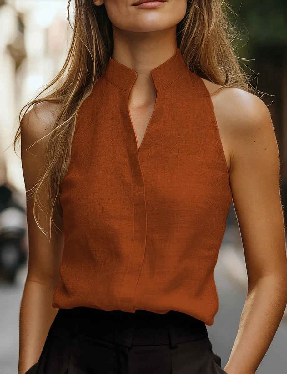 Victoria sleeveless split-neck blouse — side view