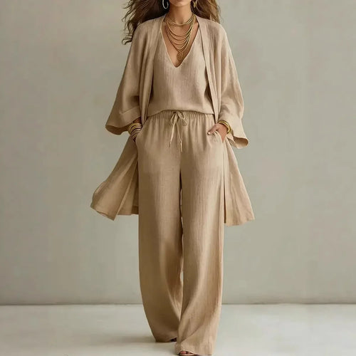 Bailey blouson top and wide-leg trouser three-piece set — back view