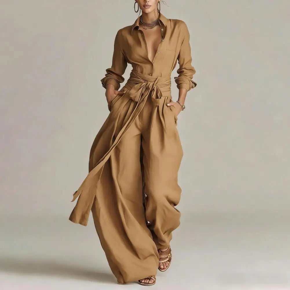 Katherine belted wrap duster and wide-leg trouser two-piece set — back view