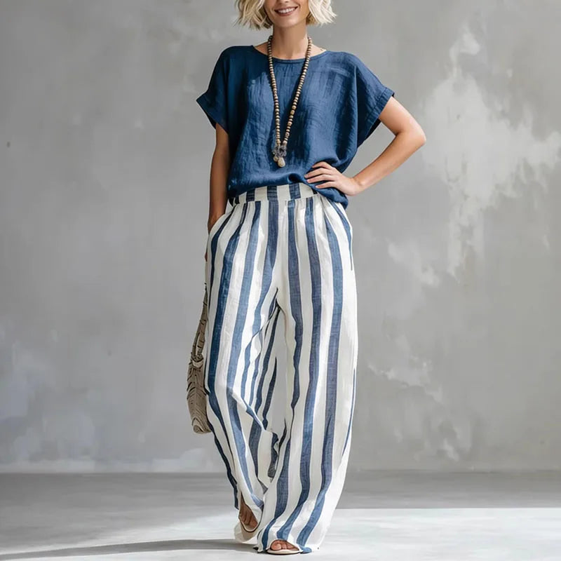 Vanessa boxy tee and striped wide-leg trouser two-piece set — front view