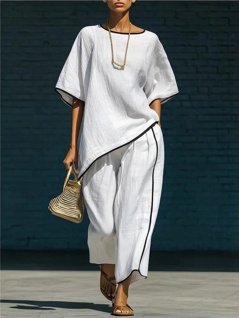 Anila boxy top and draped cropped trouser two-piece set — detail view