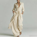 Katherine belted wrap duster and wide-leg trouser two-piece set — front view