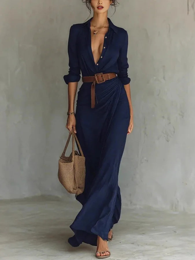 Perla v-neck belted wrap maxi dress — back view