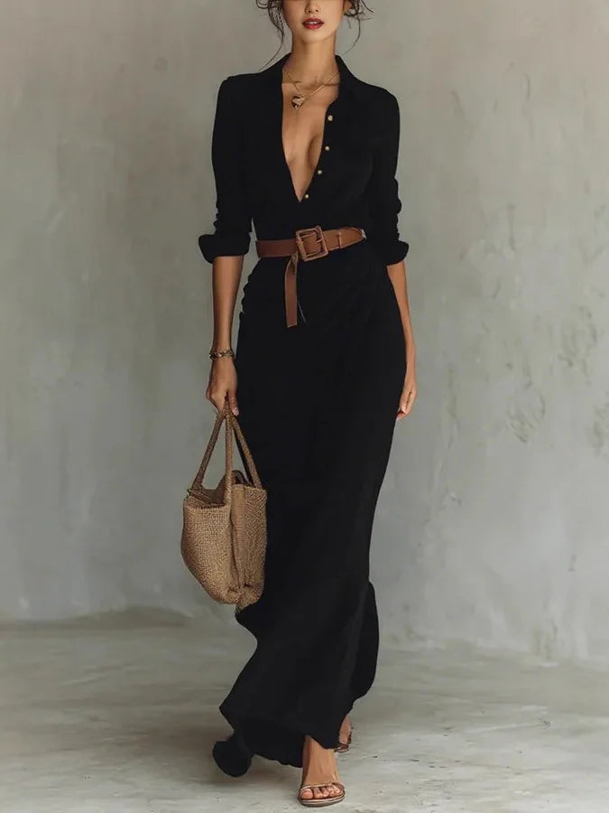 Perla v-neck belted wrap maxi dress — side view