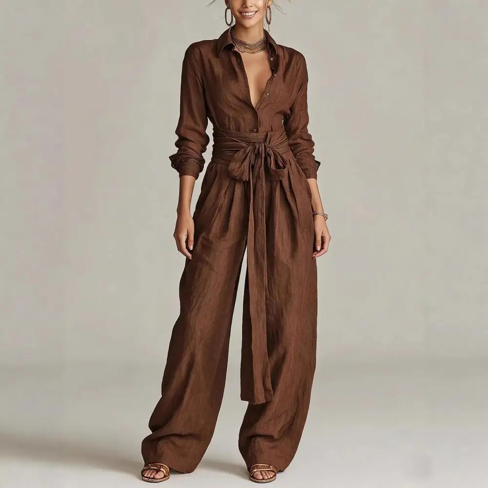 Katherine belted wrap duster and wide-leg trouser two-piece set — side view