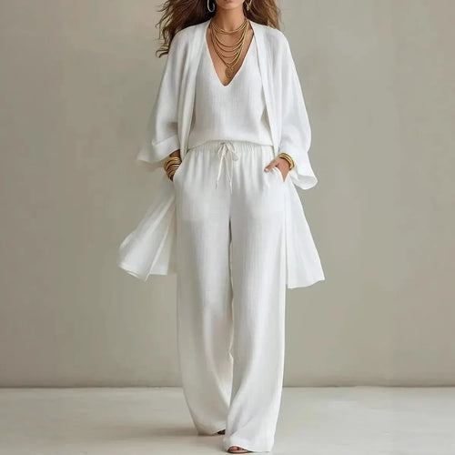 Bailey blouson top and wide-leg trouser three-piece set — front view