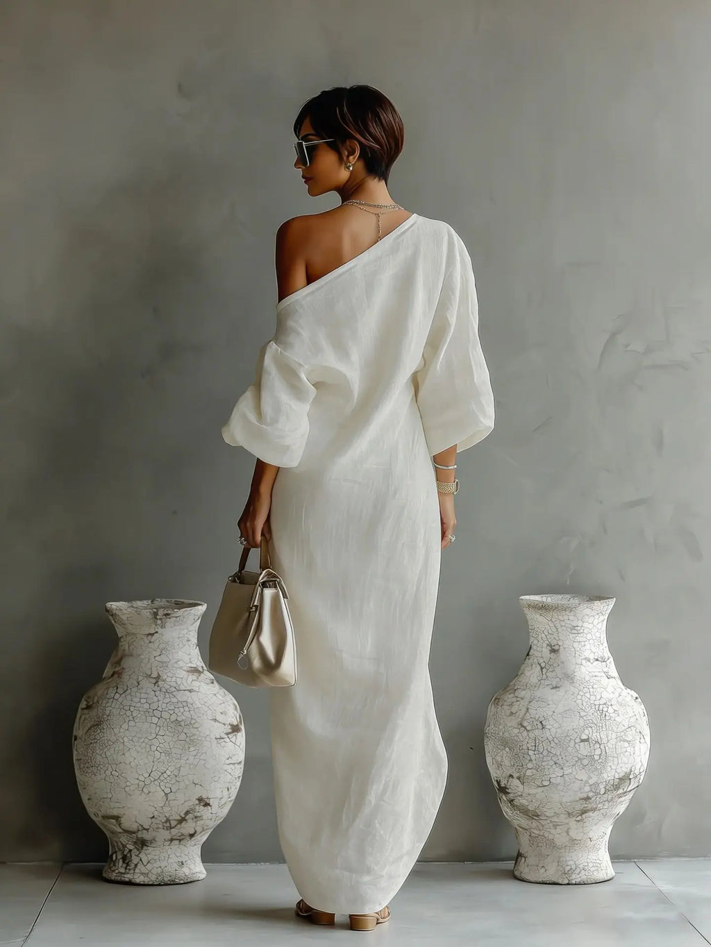 Daisy one-shoulder batwing-sleeve maxi dress — side view